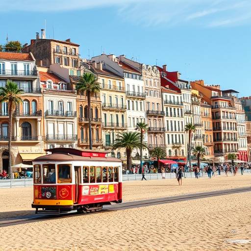 Edificios coloridos y la playa de Barcelona con telef&eacute;rico en la distancia