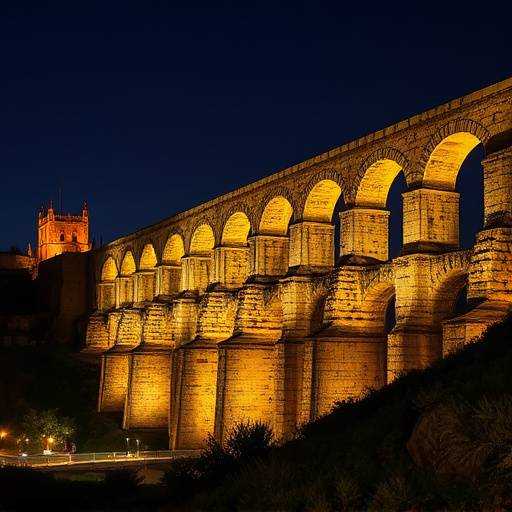 El acueducto romano iluminado en Segovia