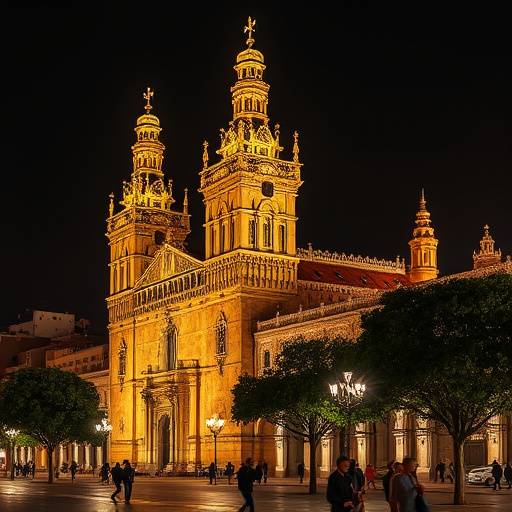 La Giralda iluminada en la noche en Sevilla, Andaluc&iacute;a