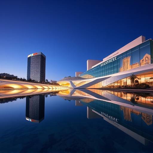 Vista de la Ciudad de las Artes y las Ciencias en Valencia con el agua reflejando los edificios